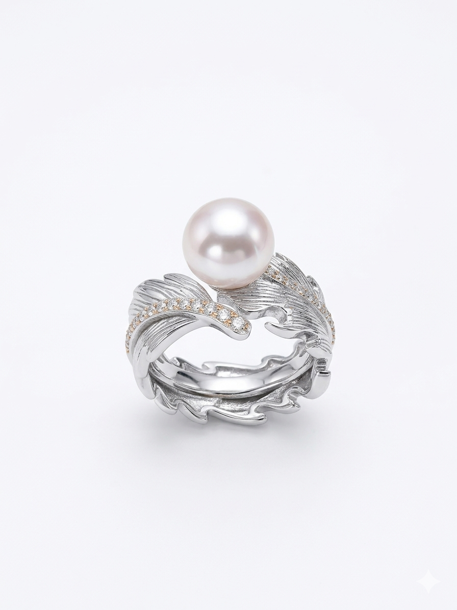 S925 anillo estilo hoja gruesa en plata, con 1 perla plana de agua dulce de 8.5 mm incrustada