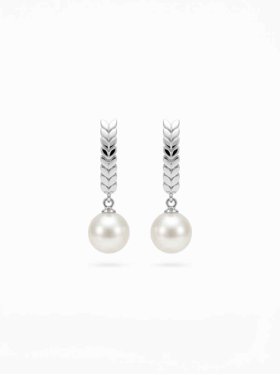 S925 pendientes estilo espiga de trigo en plata, con 2 perlas blancas de agua dulce de 9 mm incrustadas