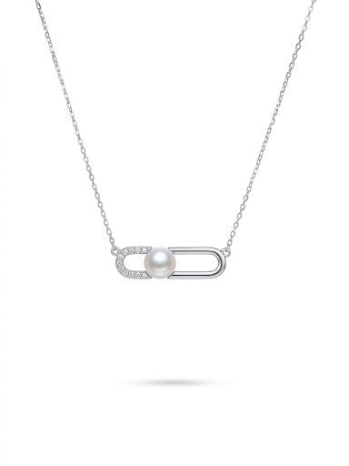 S925 collar estilo clip simple en plata, con 1 perla blanca de agua dulce de 7.5 mm incrustada