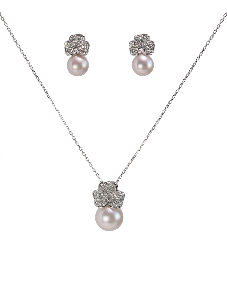 S925 conjunto collar estilo tres hojas en plata, con 3 perlas rosas de agua dulce de 8.5 mm incrustadas