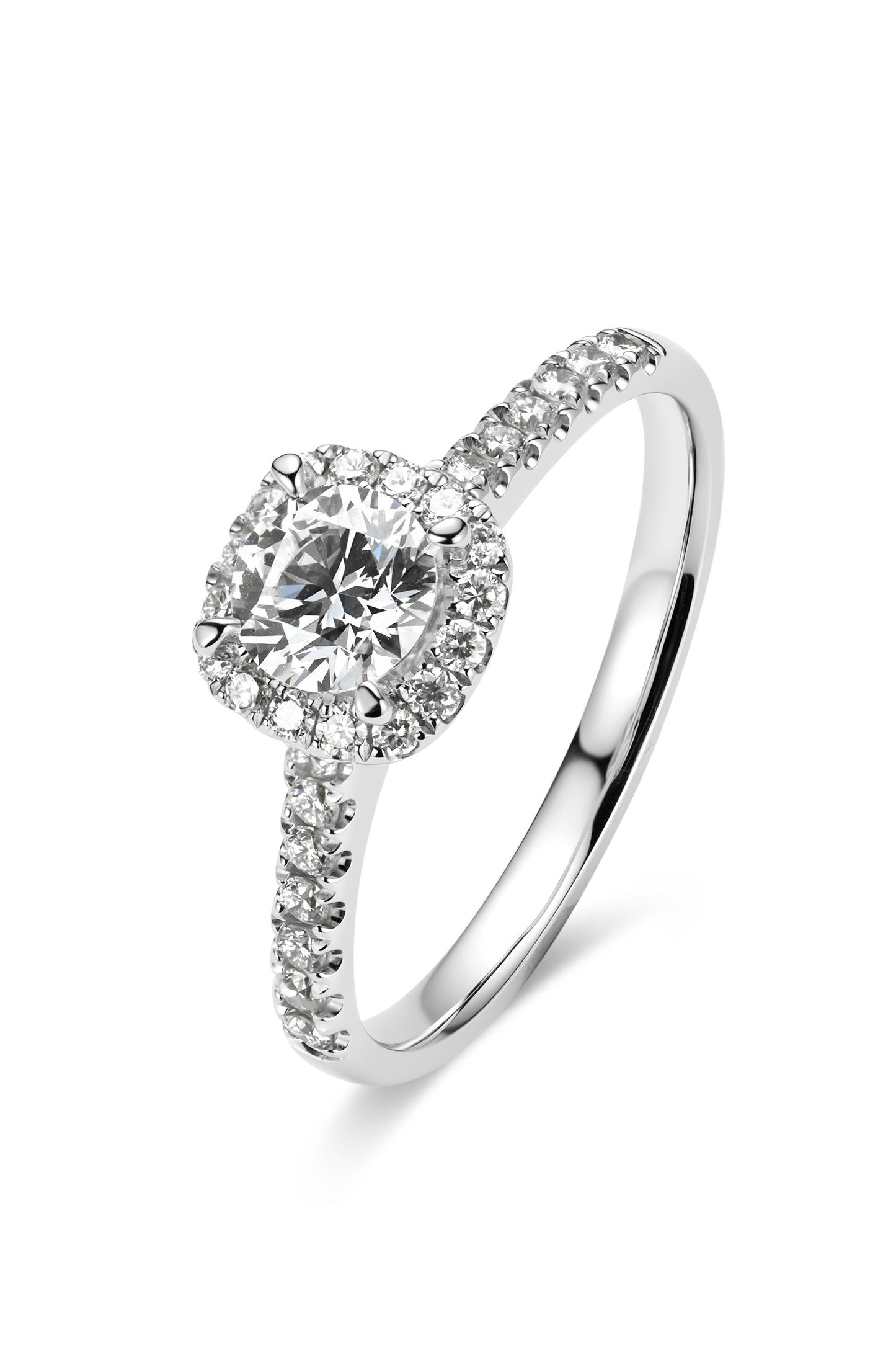 9K anillo de diamante estilo halo color oro blanco, con 1 diamante de 0.58 quilates y 30 diamantes cultivados de 0.095 quilates