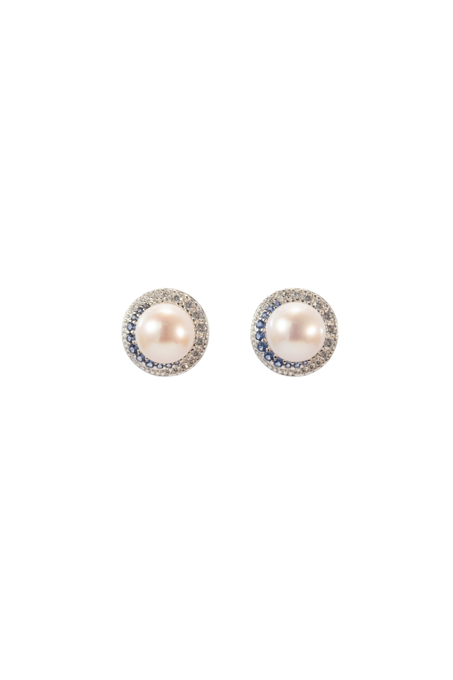 S925 pendientes estilo diamante azul redondo en plata, con 2 perlas blancas de agua dulce de 6.8 mm incrustadas