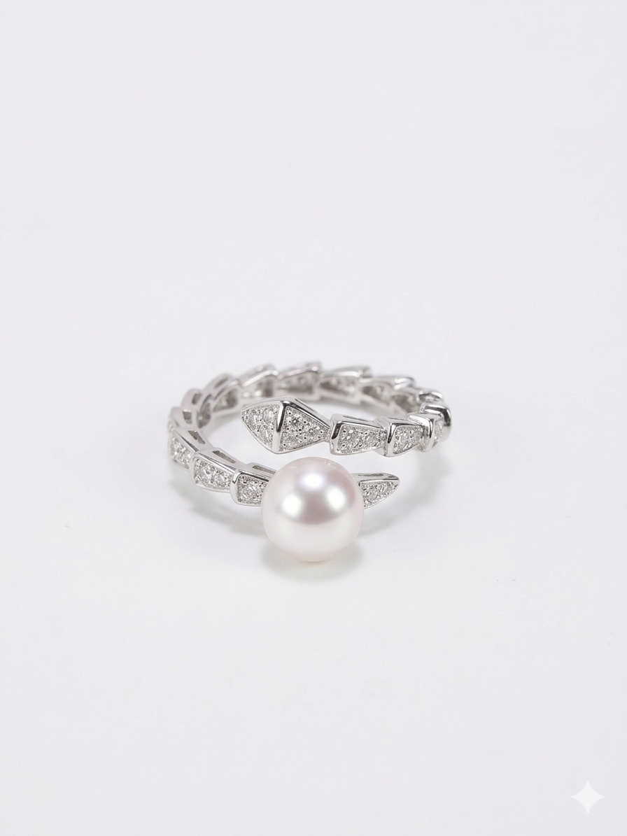 S925 anillo estilo serpiente en plata, con 1 perla blanca de agua dulce de 7.5 mm incrustada