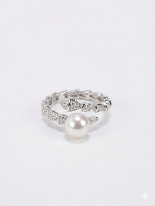 S925 anillo estilo serpiente en plata, con 1 perla blanca de agua dulce de 7.5 mm incrustada