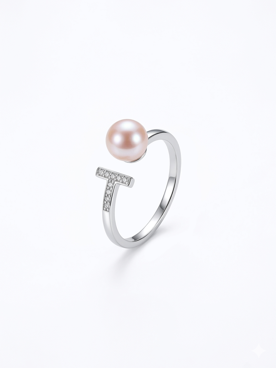 S925 anillo estilo T en plata, con 1 perla rosa de agua dulce de 6.5 mm incrustada