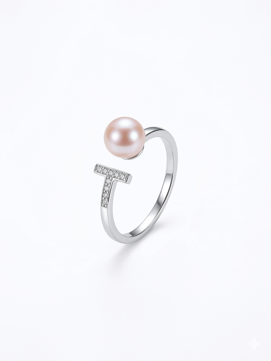 S925 anillo estilo T en plata, con 1 perla rosa de agua dulce de 6.5 mm incrustada