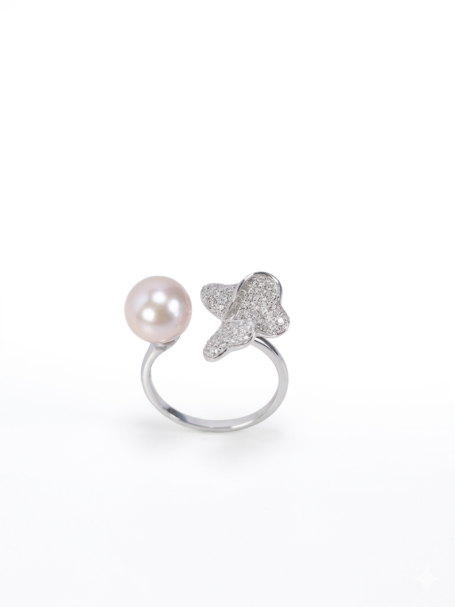 S925 anillo estilo tres hojas en plata, con 1 perla rosa de agua dulce de 9 mm incrustada
