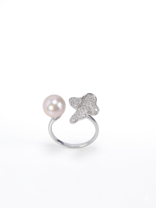 S925 anillo estilo tres hojas en plata, con 1 perla rosa de agua dulce de 9 mm incrustada