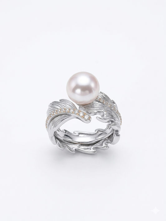 S925 anillo estilo hoja gruesa en plata, con 1 perla plana de agua dulce de 8.5 mm incrustada