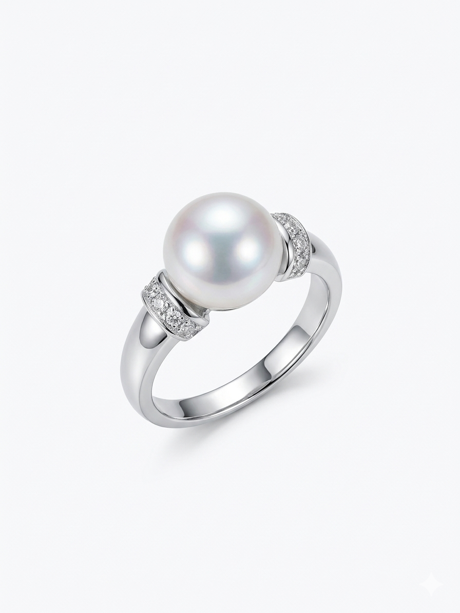 S925 anillo clásico en plata, con 1 perla blanca de agua dulce de 10 mm incrustada