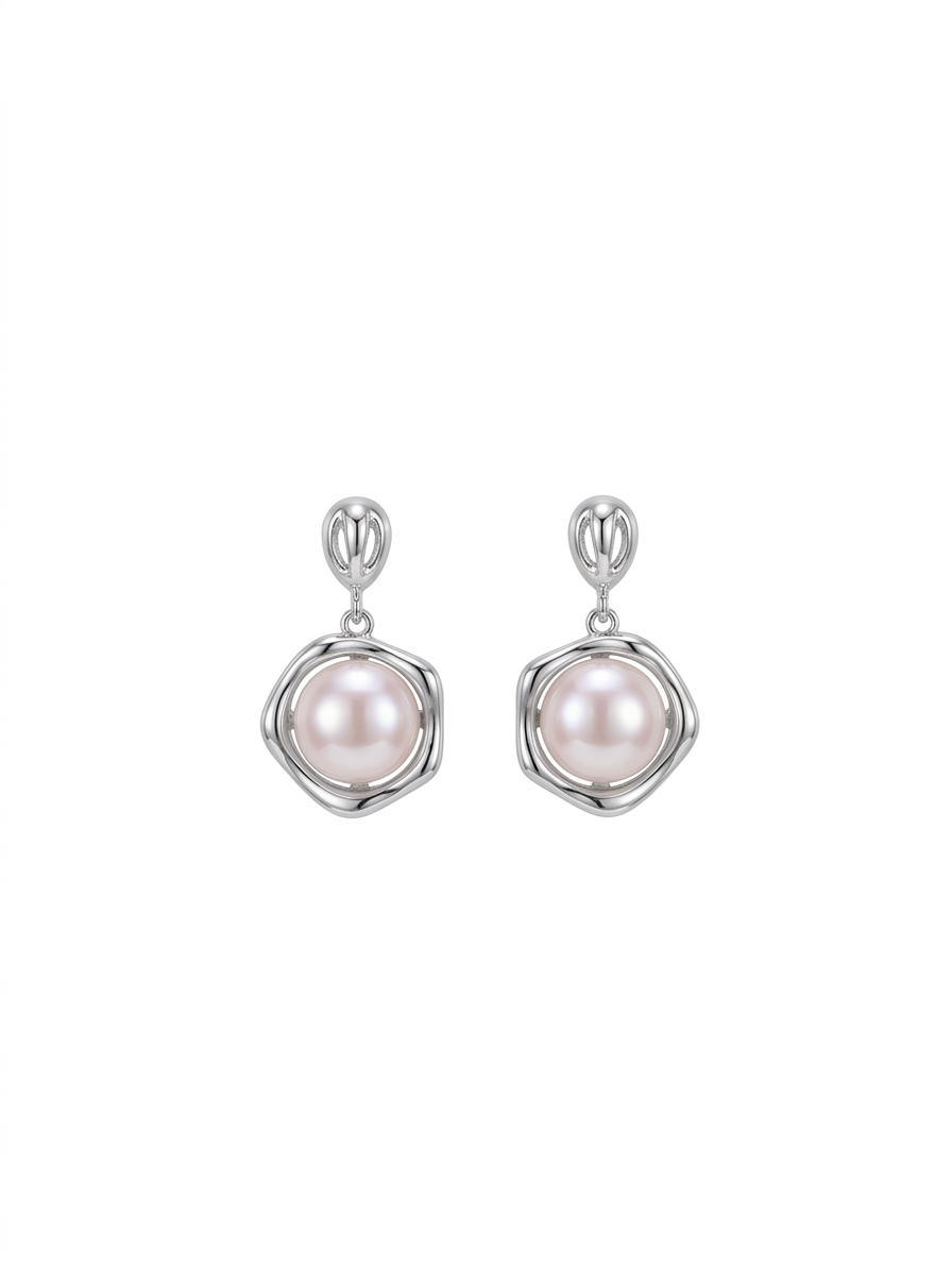 S925 pendientes de forma geométrica en plata, con 2 perlas planas de agua dulce de 8.5 mm con borde plateado