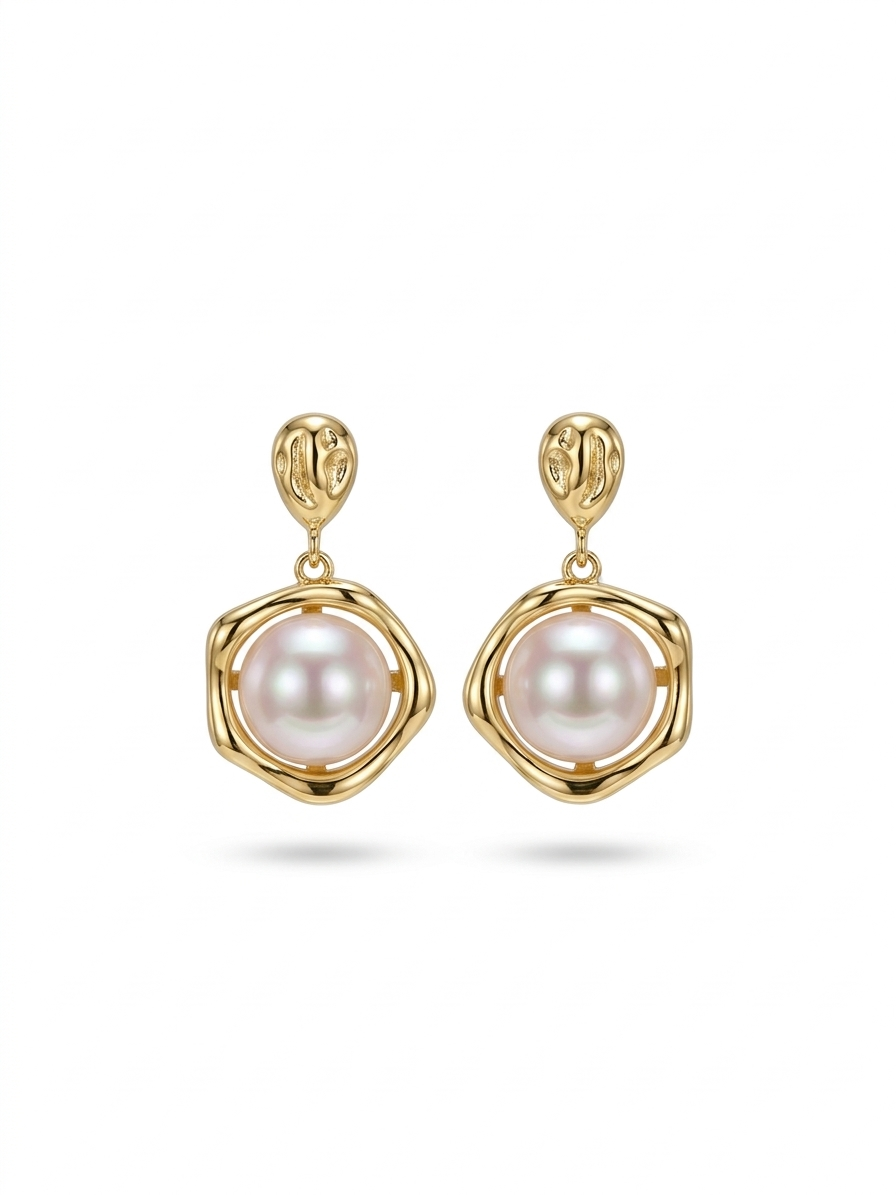 S925 pendientes de forma geométrica en plata, con 2 perlas planas de agua dulce de 8.5 mm con borde dorado