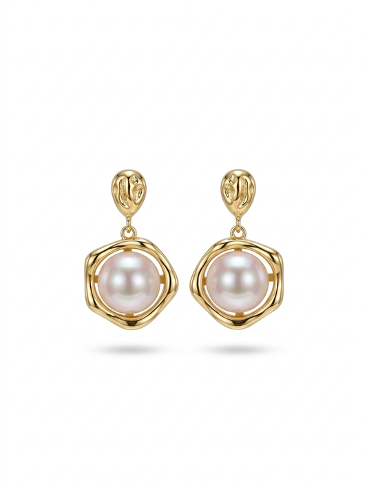 S925 pendientes de forma geométrica en plata, con 2 perlas planas de agua dulce de 8.5 mm con borde dorado