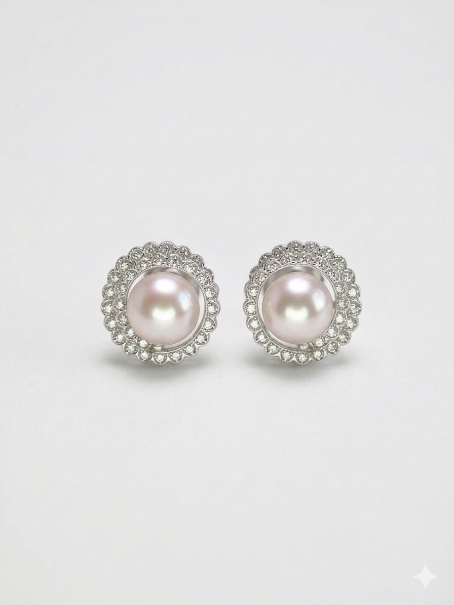 S925 pendientes estilo encaje floral en plata, con 2 perlas blancas de agua dulce de 10 mm incrustadas