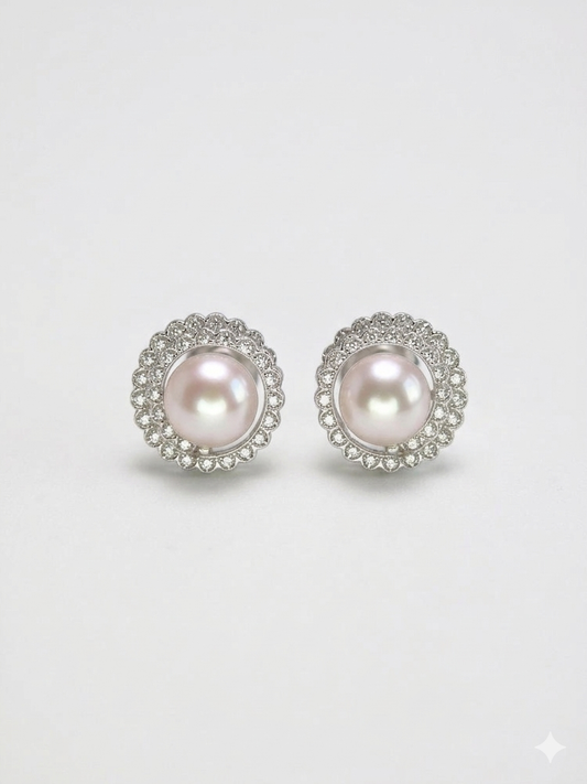 S925 pendientes estilo encaje floral en plata, con 2 perlas blancas de agua dulce de 10 mm incrustadas