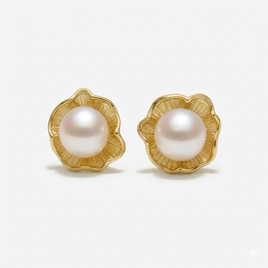 S925 pendientes estilo flor en plata, con 2 perlas planas de agua dulce de 8.5 mm incrustadas