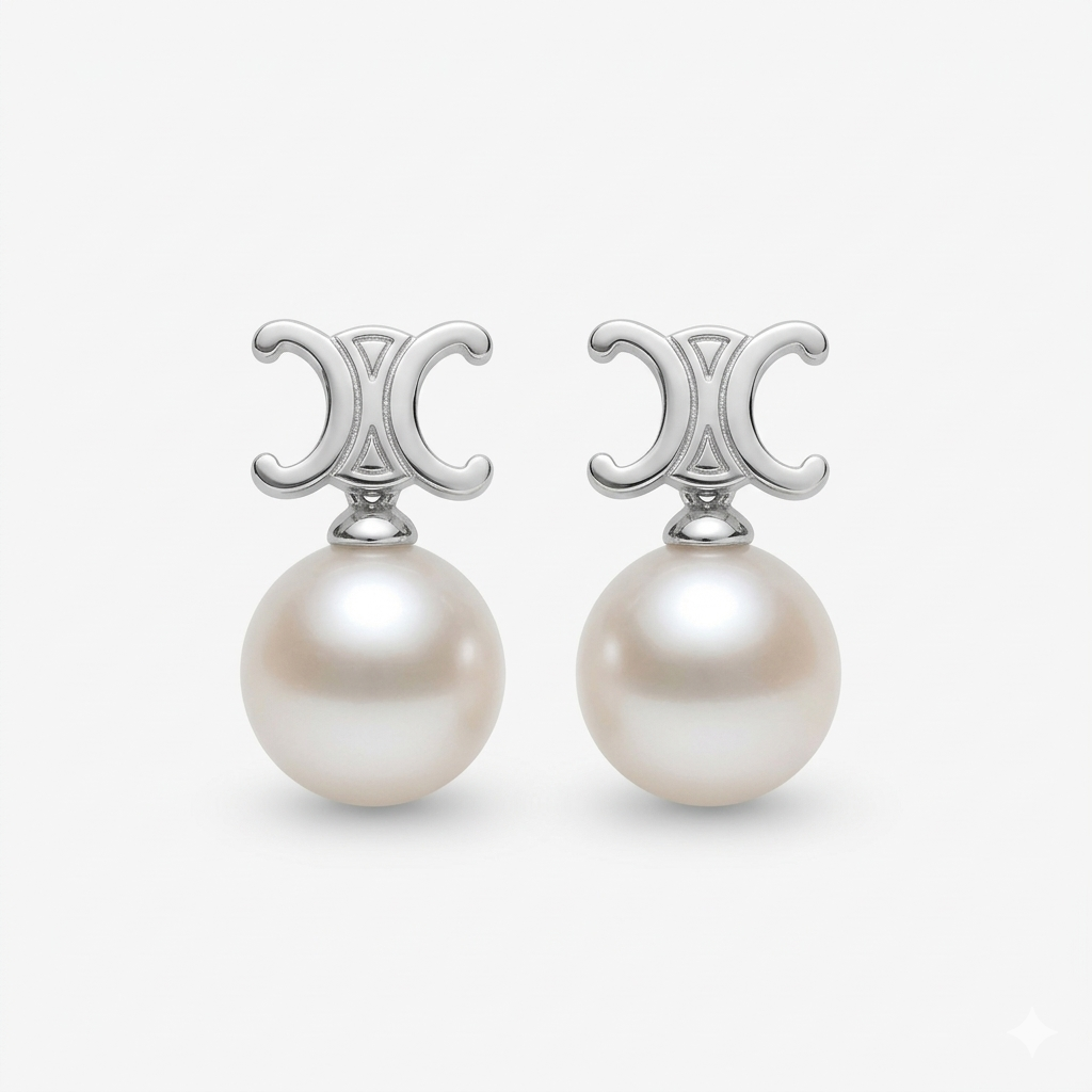 S925 pendientes estilo CHANEL en plata, con 2 perlas blancas de agua dulce de 10.5 mm incrustadas