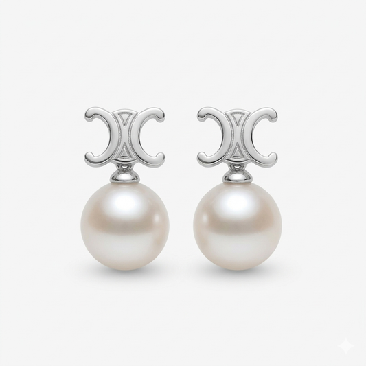 S925 pendientes estilo CHANEL en plata, con 2 perlas blancas de agua dulce de 10.5 mm incrustadas