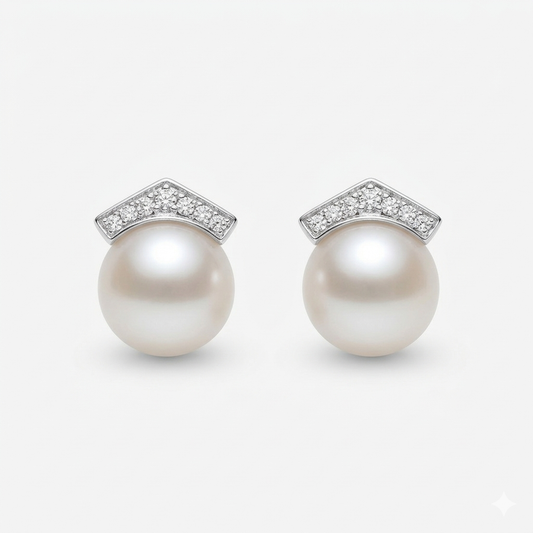 S925 pendientes estilo triangular invertido en plata, con 2 perlas blancas de agua dulce de 10 mm incrustadas