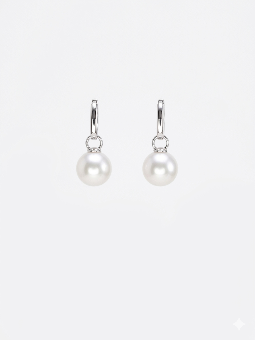 S925 pendientes clásicos de aro en plata, con 2 perlas blancas de agua dulce de 10.5 mm incrustadas