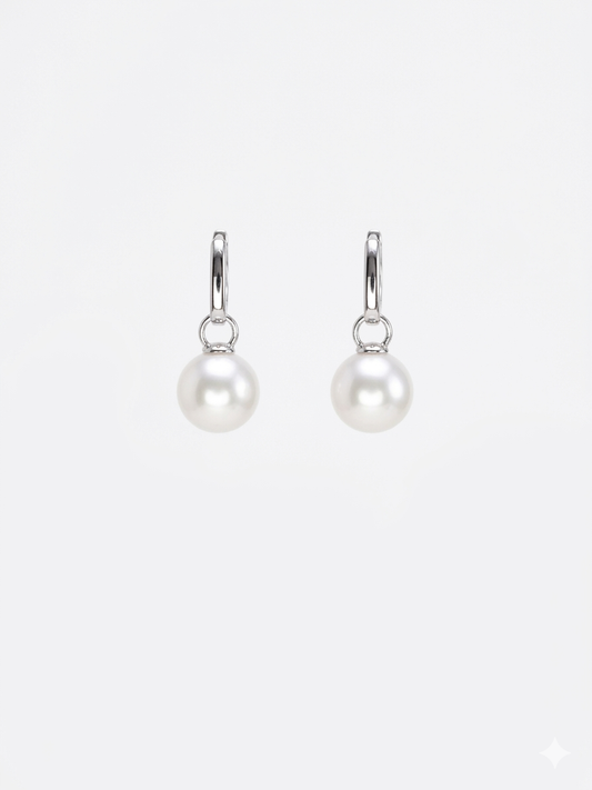 S925 pendientes clásicos de aro en plata, con 2 perlas blancas de agua dulce de 10.5 mm incrustadas