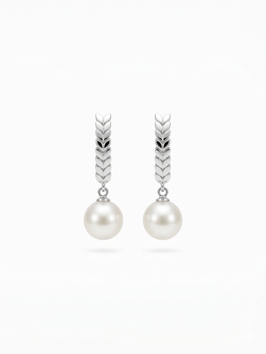 S925 pendientes estilo espiga de trigo en plata, con 2 perlas blancas de agua dulce de 9 mm incrustadas