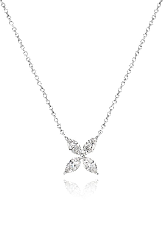 18K collar de diamante estilo flor mariposa color oro blanco, con 4 diamantes talla marquesa de 0.46 quilates