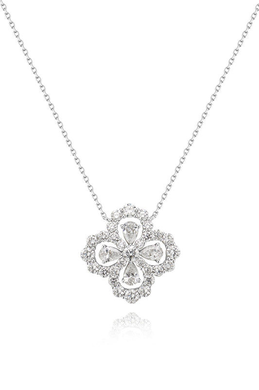 18K collar de diamante estilo trébol de cuatro hojas color oro blanco, con 4 diamantes talla pera de 0.38 quilates y 29 diamantes cultivados