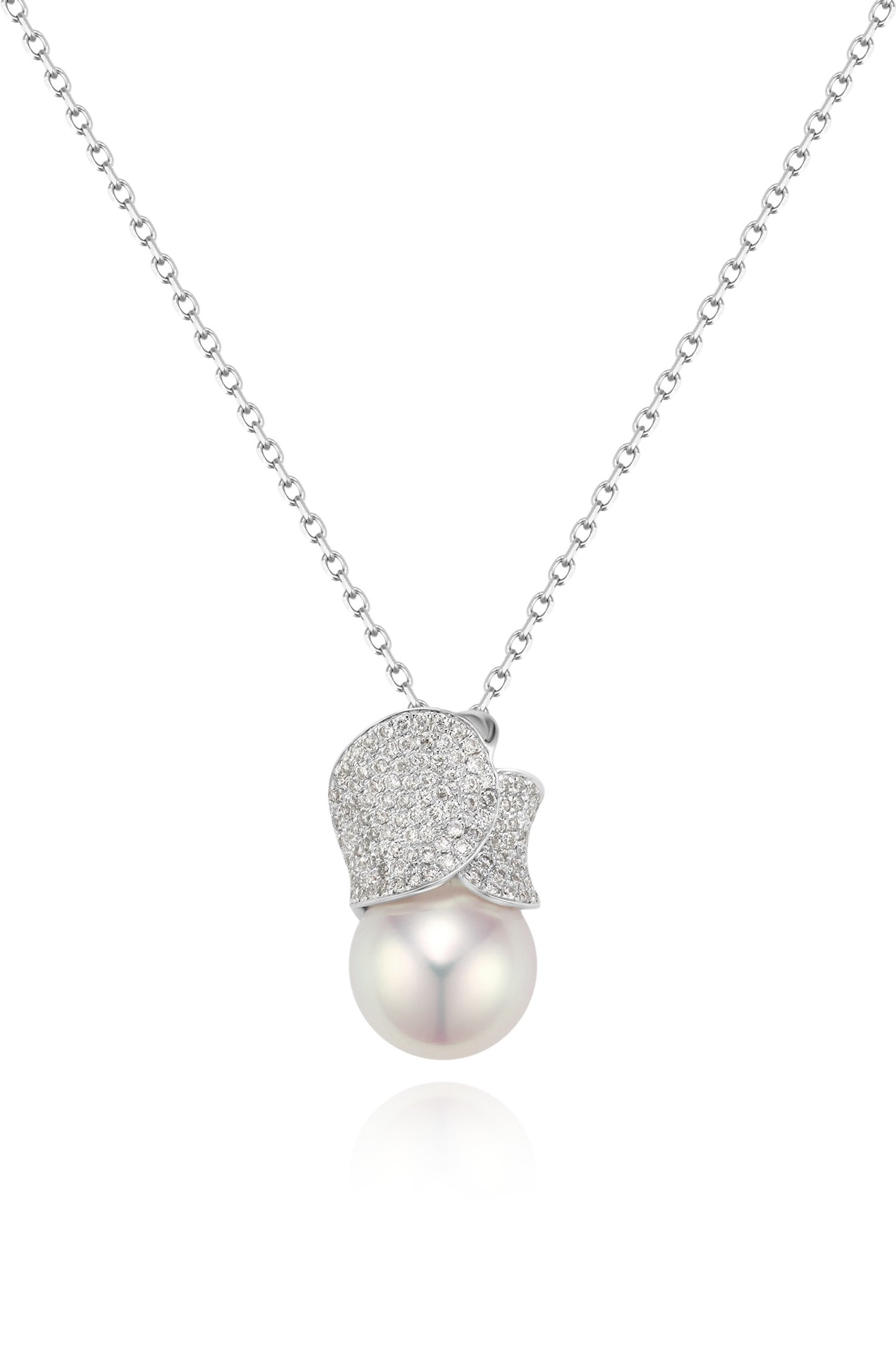 9K colgante de oro blanco, con perla Akoya de 4,2 mm y 130 brillantes diamantes
