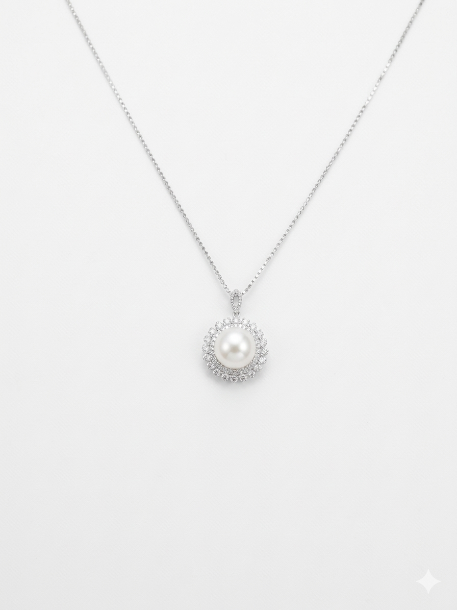 S925 collar estilo sol en plata, con 1 perla blanca de agua dulce de 12.2 mm incrustada
