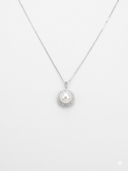 S925 collar estilo sol en plata, con 1 perla blanca de agua dulce de 12.2 mm incrustada