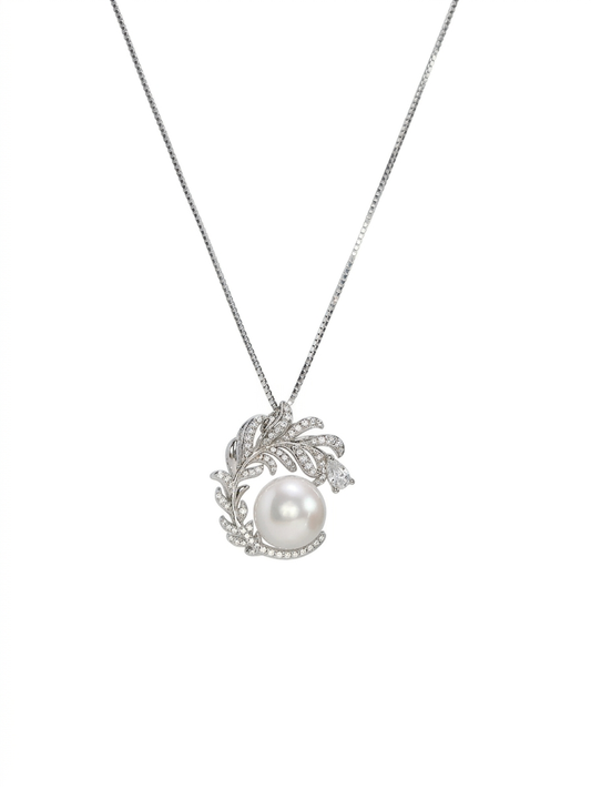 S925 collar de estilo pluma en plata, con perla de agua dulce de 10 mm incrustada