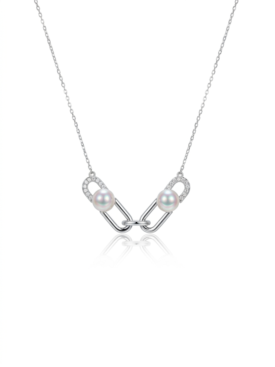 S925 collar estilo doble clip en plata, con 2 perlas blancas de agua dulce de 7.5 mm incrustadas