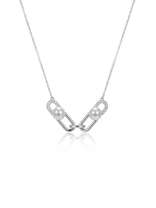 S925 collar estilo doble clip en plata, con 2 perlas blancas de agua dulce de 7.5 mm incrustadas
