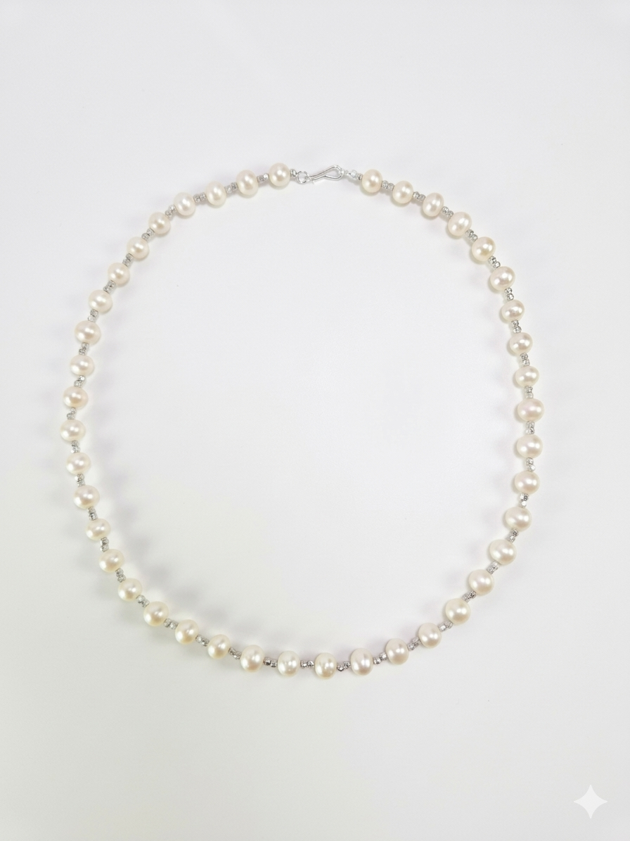 S925 collar tejido a mano en plata, con 42 perlas marinas de 6.5 mm y cadena de cuentas brillantes