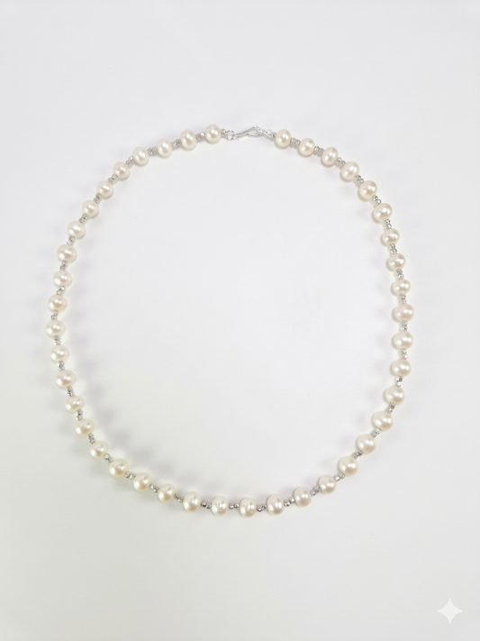S925 collar tejido a mano en plata, con 42 perlas marinas de 6.5 mm y cadena de cuentas brillantes