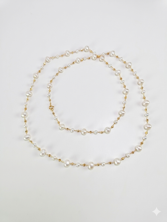 S925 collar tejido a mano estilo cielo estrellado de 90 cm en plata, con perlas blancas de agua dulce de 6.5 mm