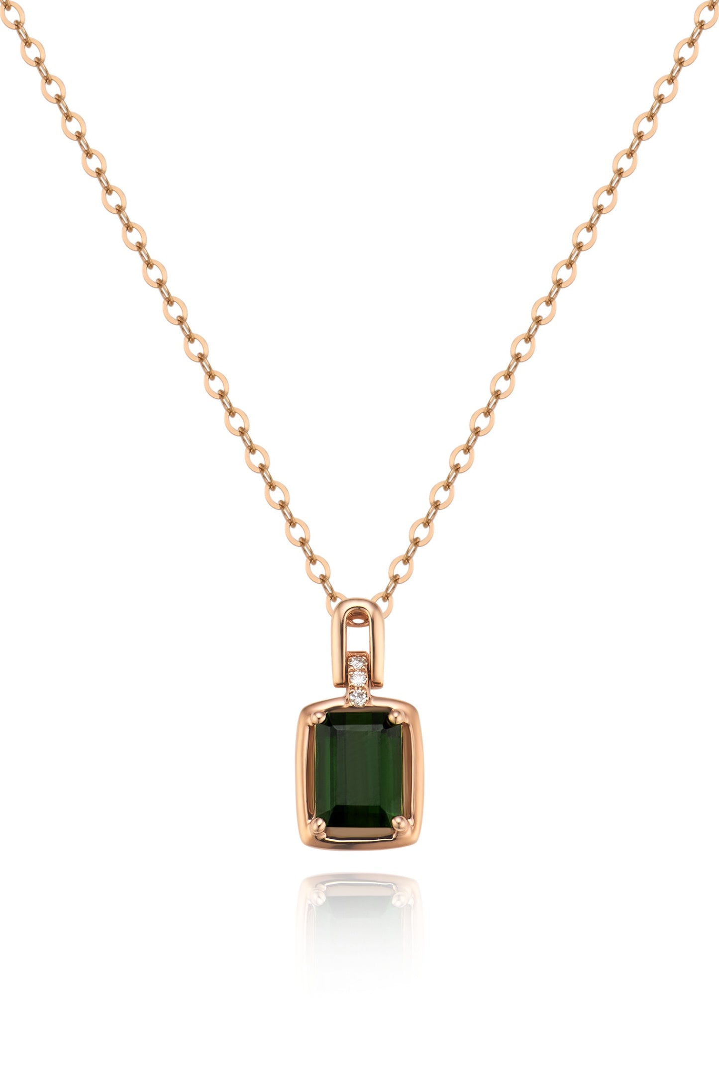 18K collar de turmalina en oro rosa, con 1 turmalina verde y 3 diamantes brillantes
