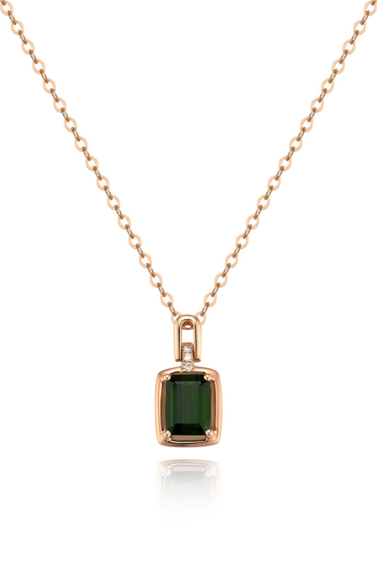18K collar de turmalina en oro rosa, con 1 turmalina verde y 3 diamantes brillantes
