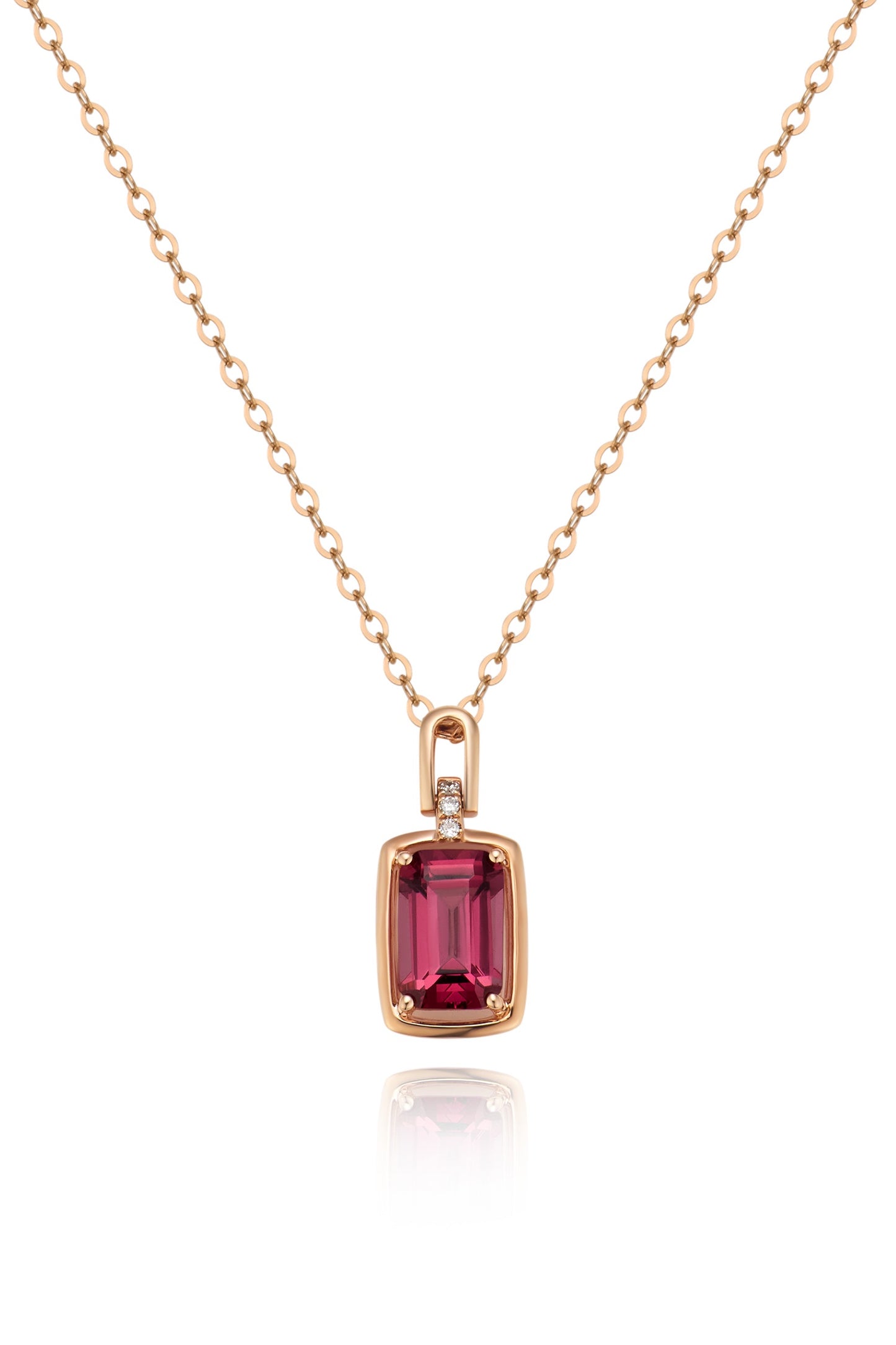 18K collar de granate en oro rosa, con 1 granate rojo y 3 diamantes brillantes
