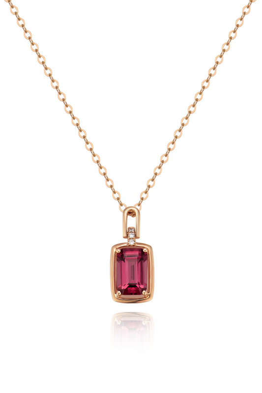 18K collar de granate en oro rosa, con 1 granate rojo y 3 diamantes brillantes