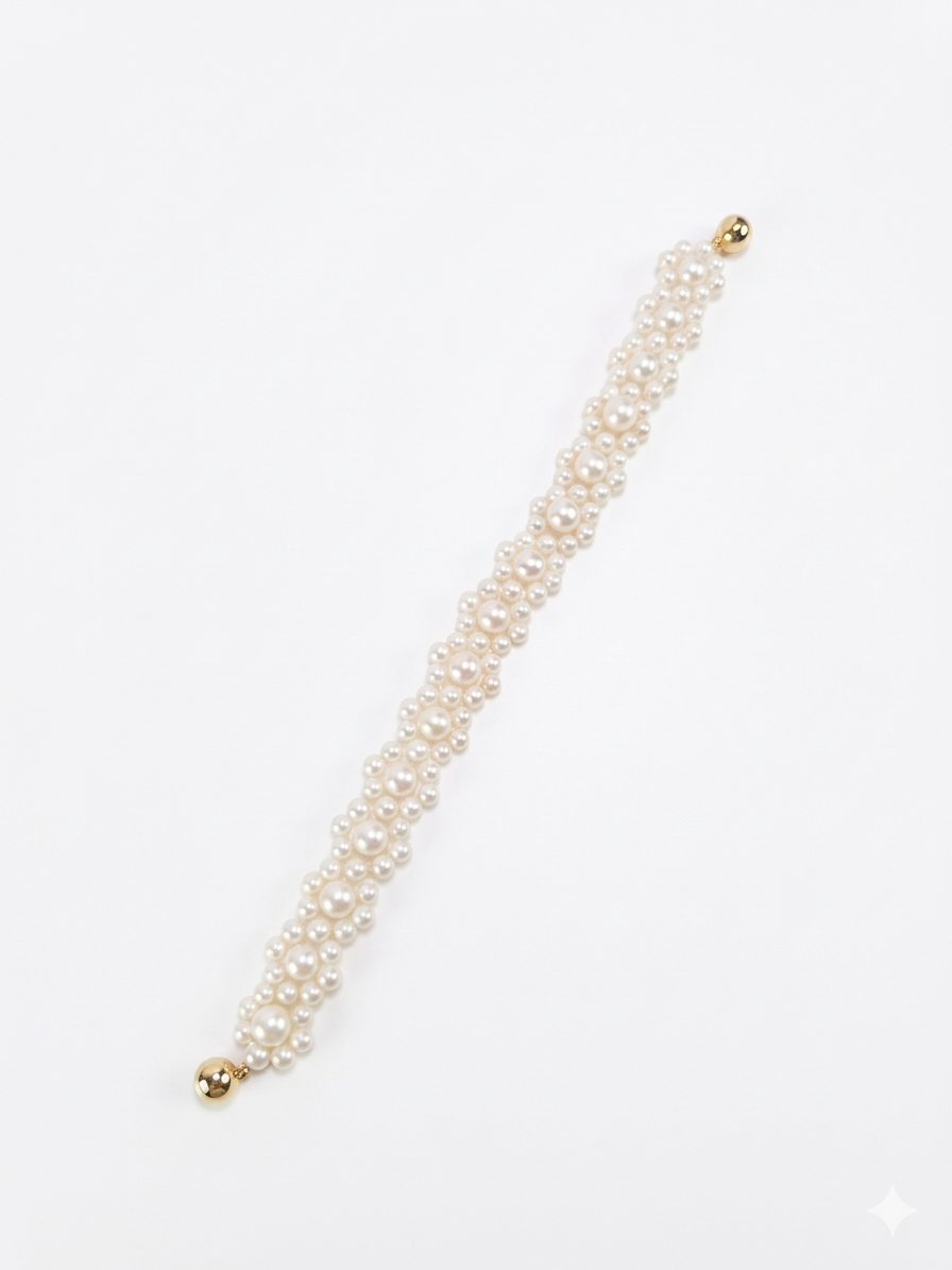 S925 pulsera magnética tejida a mano estilo flor en plata, con perlas blancas de agua dulce de 4.5 mm