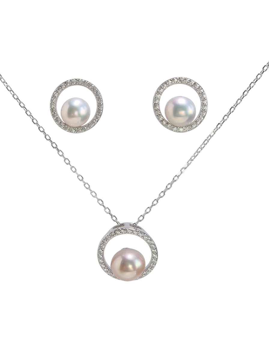 S925 conjunto collar estilo aro circular en plata, con 3 perlas blancas de agua dulce de 6.5 mm incrustadas