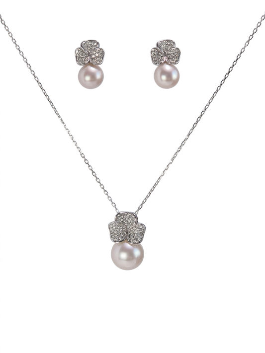 S925 conjunto collar estilo tres hojas en plata, con 3 perlas rosas de agua dulce de 8.5 mm incrustadas