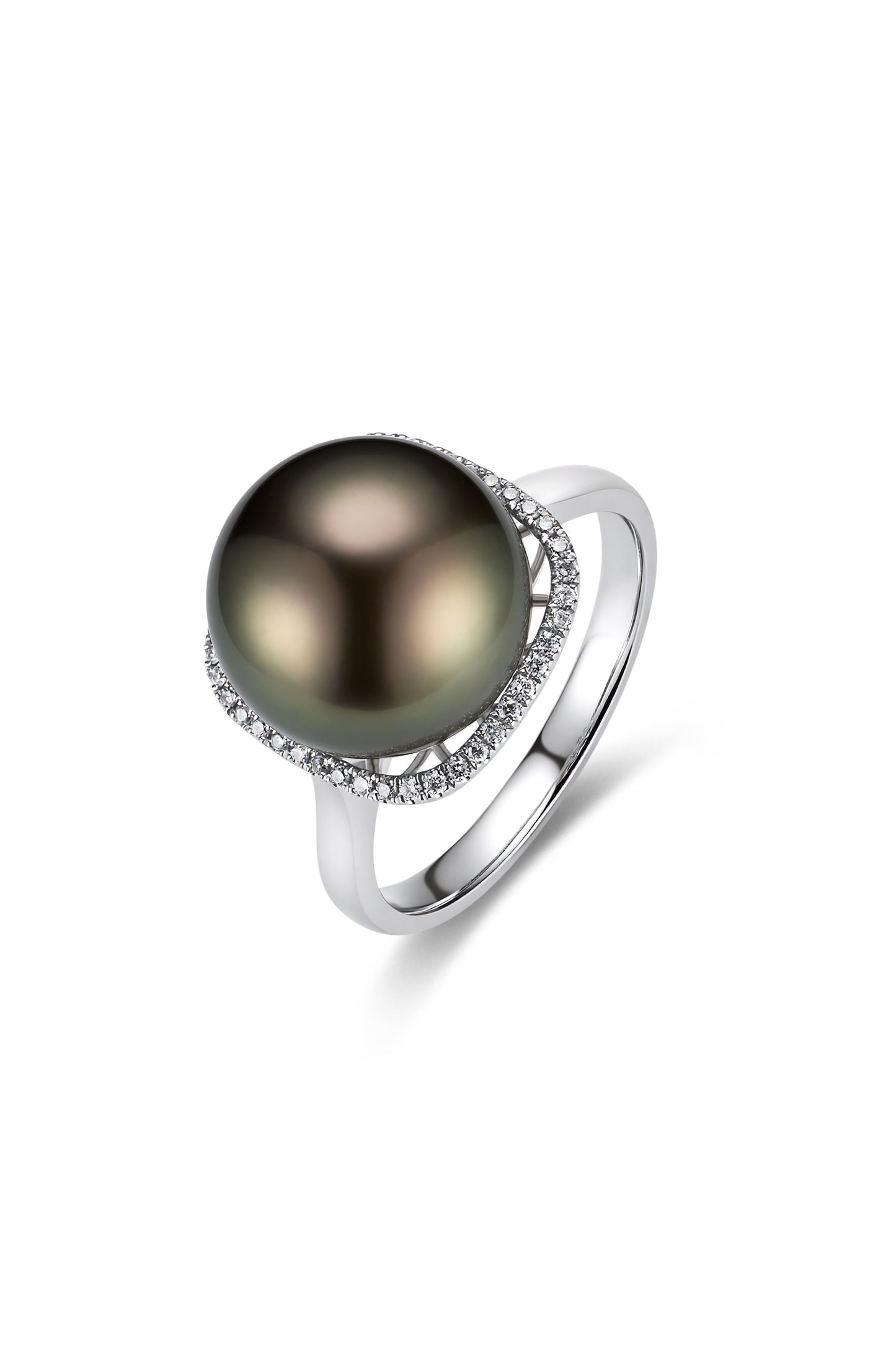 9K anillo de oro blanco, con perla de Tahití de 14 mm y 36 brillantes diamantes