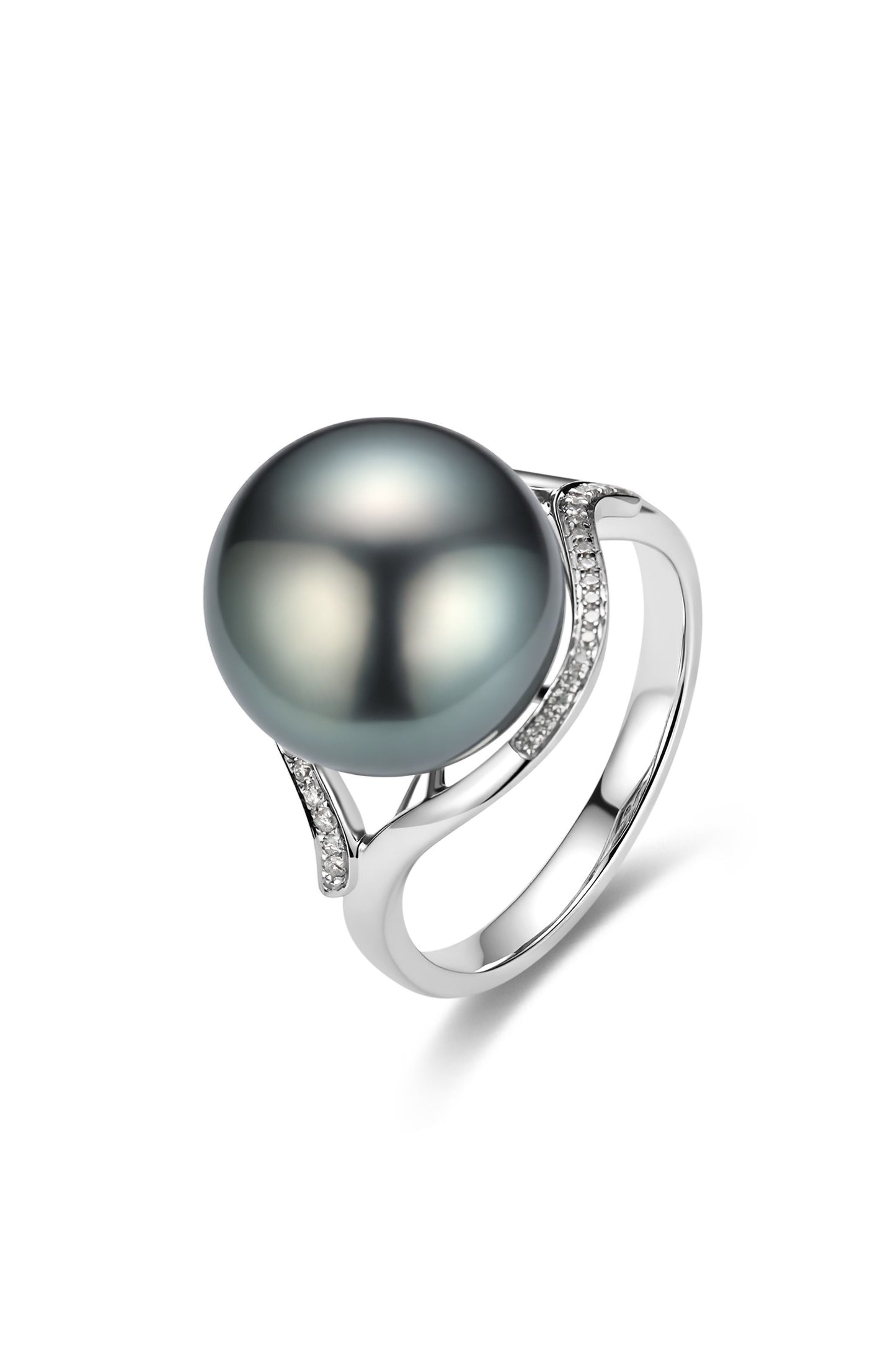 9K anillo de oro blanco, con perla de Tahití de 11,8 mm y 44 brillantes diamantes