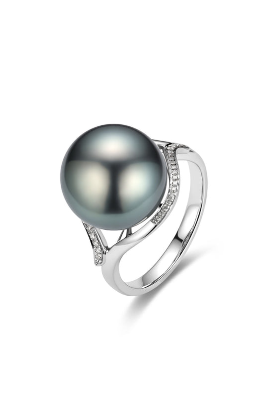 9K anillo de oro blanco, con perla de Tahití de 11,8 mm y 44 brillantes diamantes