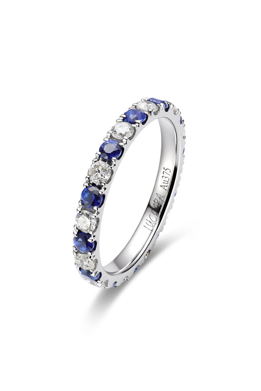 9K anillo color oro blanco, con 12 zafiros cultivados y 12 diamantes cultivados