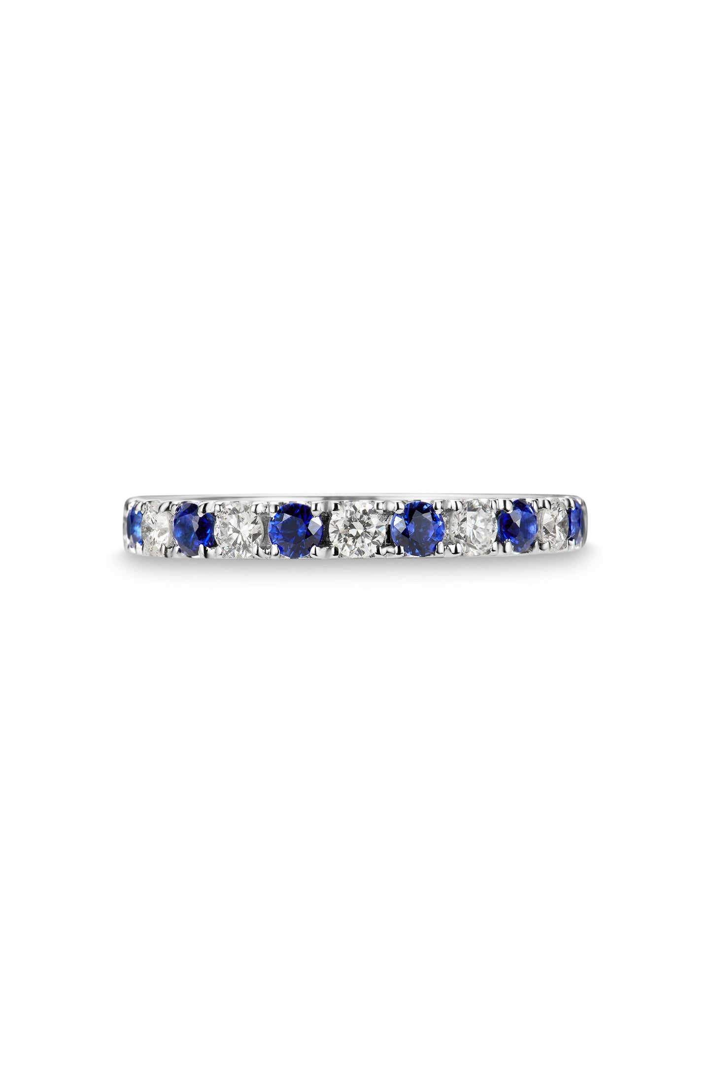 9K anillo color oro blanco, con 12 zafiros cultivados y 12 diamantes cultivados