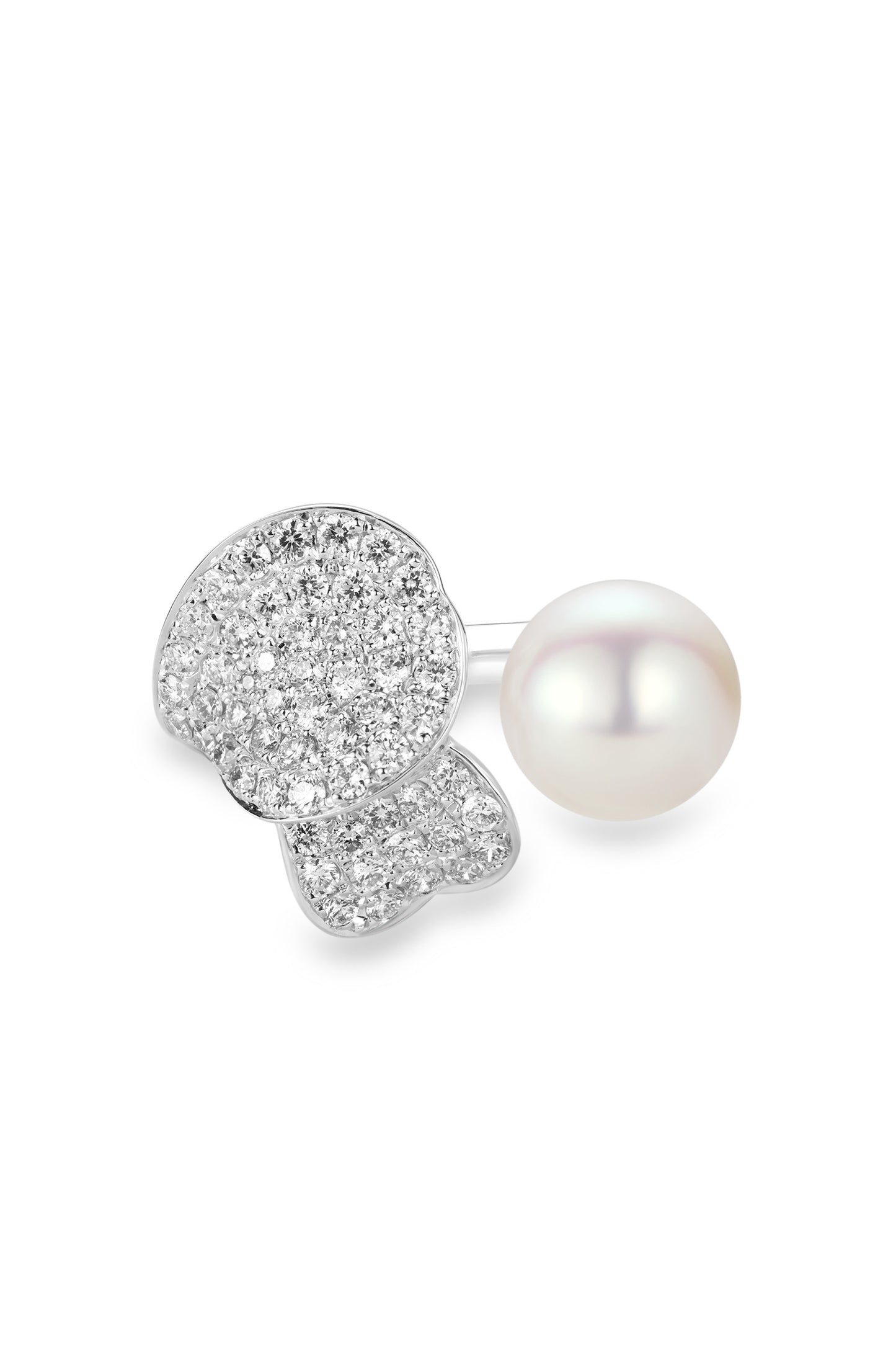 9K anillo de oro blanco, con perla Akoya de 3,9 mm y 56 brillantes diamantes